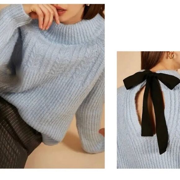FRNCH Paris Sweater Frnch Paris Bow Back Cable Knit Sweater Size M L NWT - Picture 1 of 16